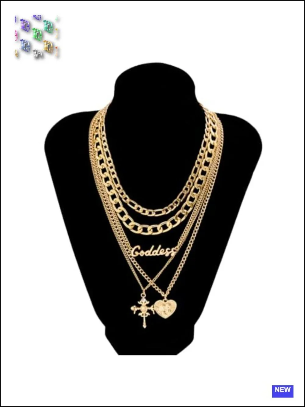 5 Pcs Chunky Layered Necklace Set Heart Locket Coin Cross Pendant Punk Hip Hop